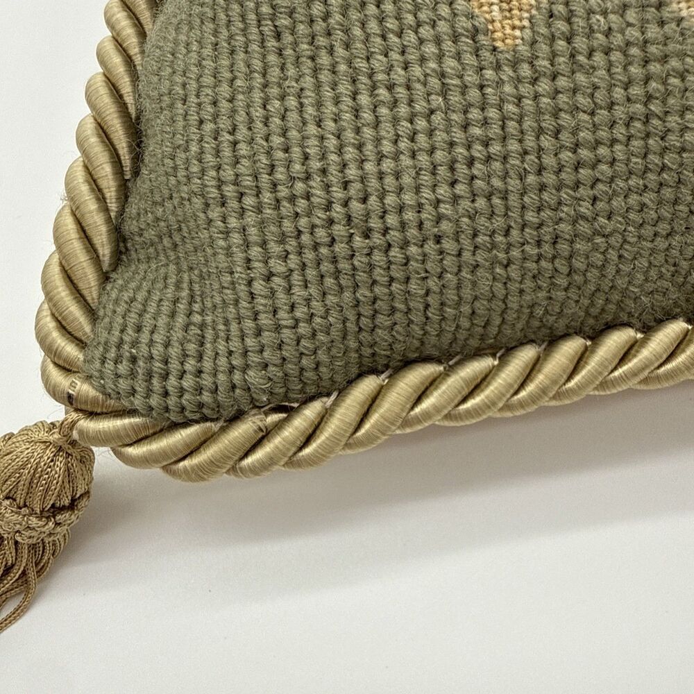Vintage Petit Point Needlepoint Floral Throw Pillow Tassels Green  11.5 X 11.5” - Picture 9 of 12